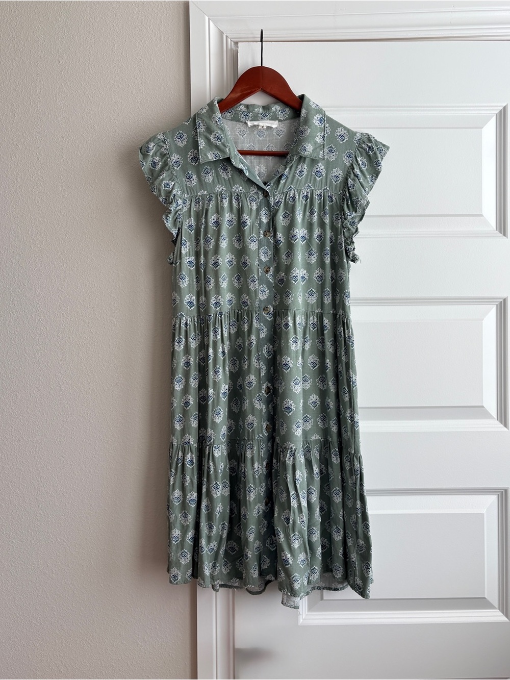 Lucky Brand Sage Green Block floral Print Tiered Midi Dress M